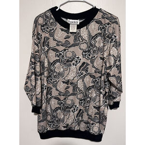 Vintage Teddi Blouse Women’s Large Black Tan Retro Floral 70s 80s Made in USA